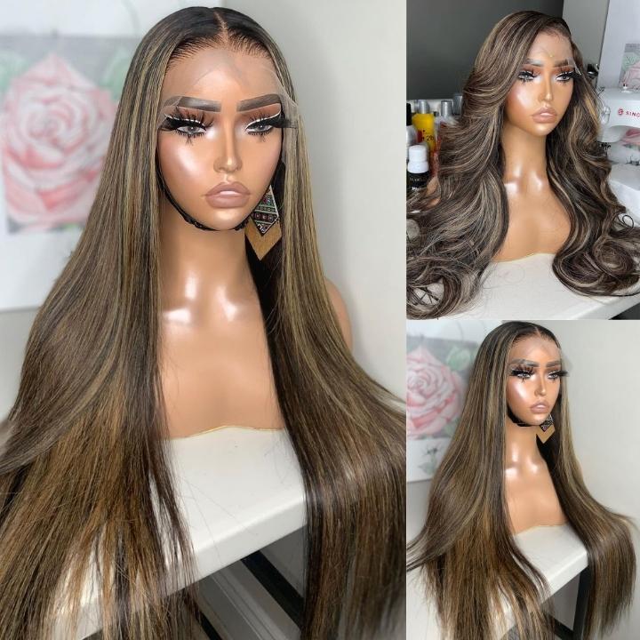 Glueless Highlight Blonde Straight/Body Wave Transparent 5x5 Lace Part Wig Brown Highlights Human Hair Wave Wigs-Daisy Hair