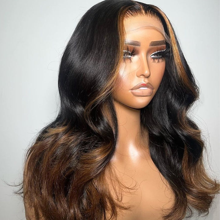 Funky Colored Wigs | Glueless 13x4/6x4.5 Money Piece Brown Mix Black Body Wave HD Transaparent Pre Cut Lace Human Hair Wigs- Daisy Hair