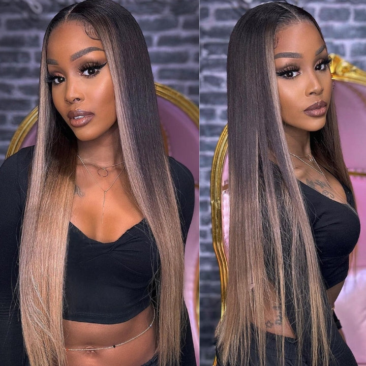 Funky Colored Wigs | Glueless 13x4/6x4.5 Money Piece Light Blonde Straight HD Transaparent Pre Cut Lace Human Hair Wigs With Breathable Cap Skunk Stripe Air Wig- 	Daisy Hair