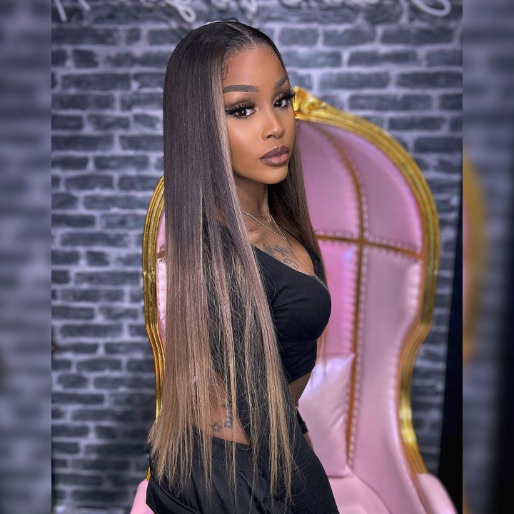 Funky Colored Wigs | Glueless 13x4/6x4.5 Money Piece Light Blonde Straight HD Transaparent Pre Cut Lace Human Hair Wigs With Breathable Cap Skunk Stripe Air Wig- 	Daisy Hair