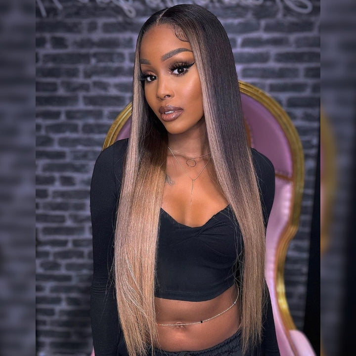 Funky Colored Wigs | Glueless 13x4/6x4.5 Money Piece Light Blonde Straight HD Transaparent Pre Cut Lace Human Hair Wigs With Breathable Cap Skunk Stripe Air Wig- 	Daisy Hair