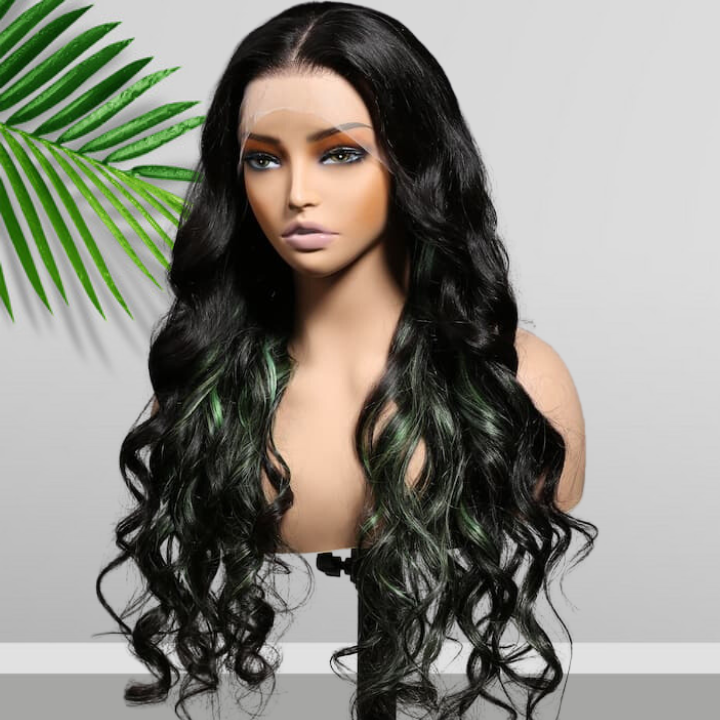 Glueless Peekaboo Highlights Green New Trendy Body Wave 13x4 Lace Front Wig Colored Highlight Human Hair Wigs-	Daisy Hair