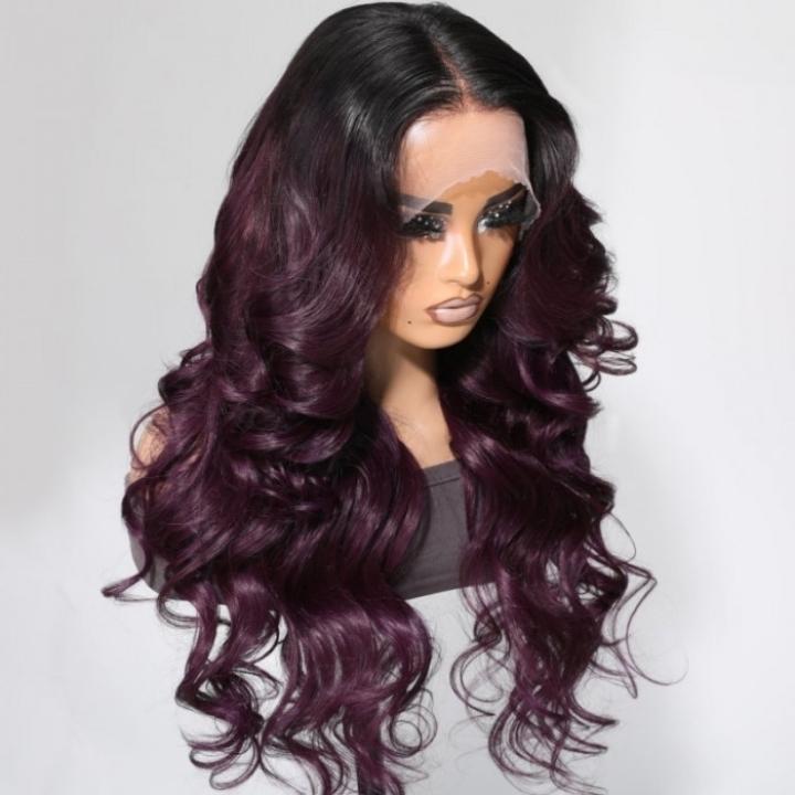 Funky Colored Wigs | Smokey Deep Purple 13x4 Lace Front Body Wave Wig With Black Roots Ombre Colored  HD Lace Human Hair Wigs- Daisy Hair