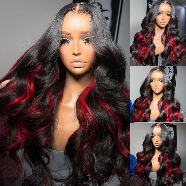 Funky Colored Wigs | Glueless 13x4/6x4.5 Highlight Red Body Wave Pre Cut HD Transaparent Lace Human Hair Wigs- Daisy Hair