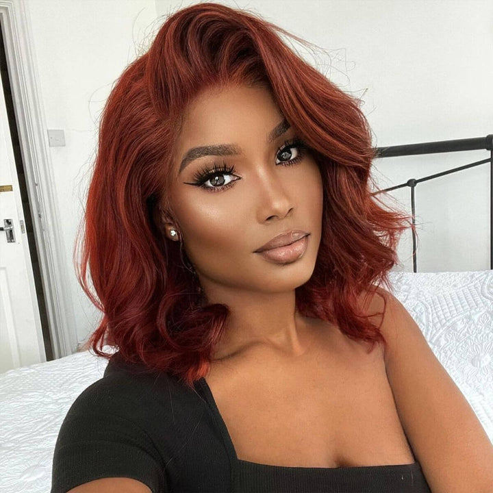 Glueless Reddish Brown Body Wave HD Lace Bob Wig Auburn Body Wave Invisible Lace Human Hair Bob Wigs Daisy Hair