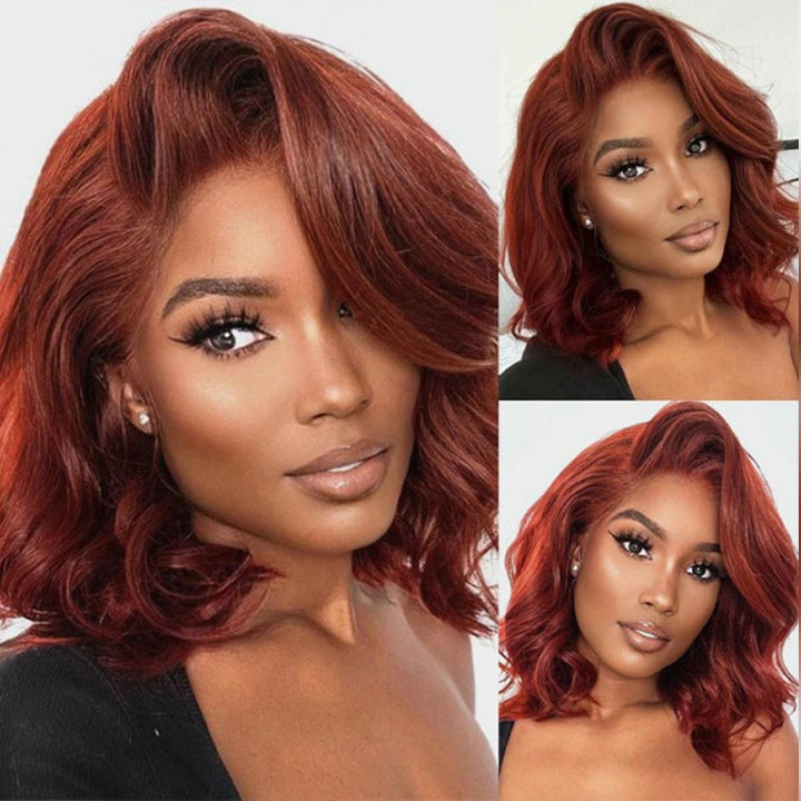 Glueless Reddish Brown Body Wave HD Lace Bob Wig Auburn Body Wave Invisible Lace Human Hair Bob Wigs Daisy Hair