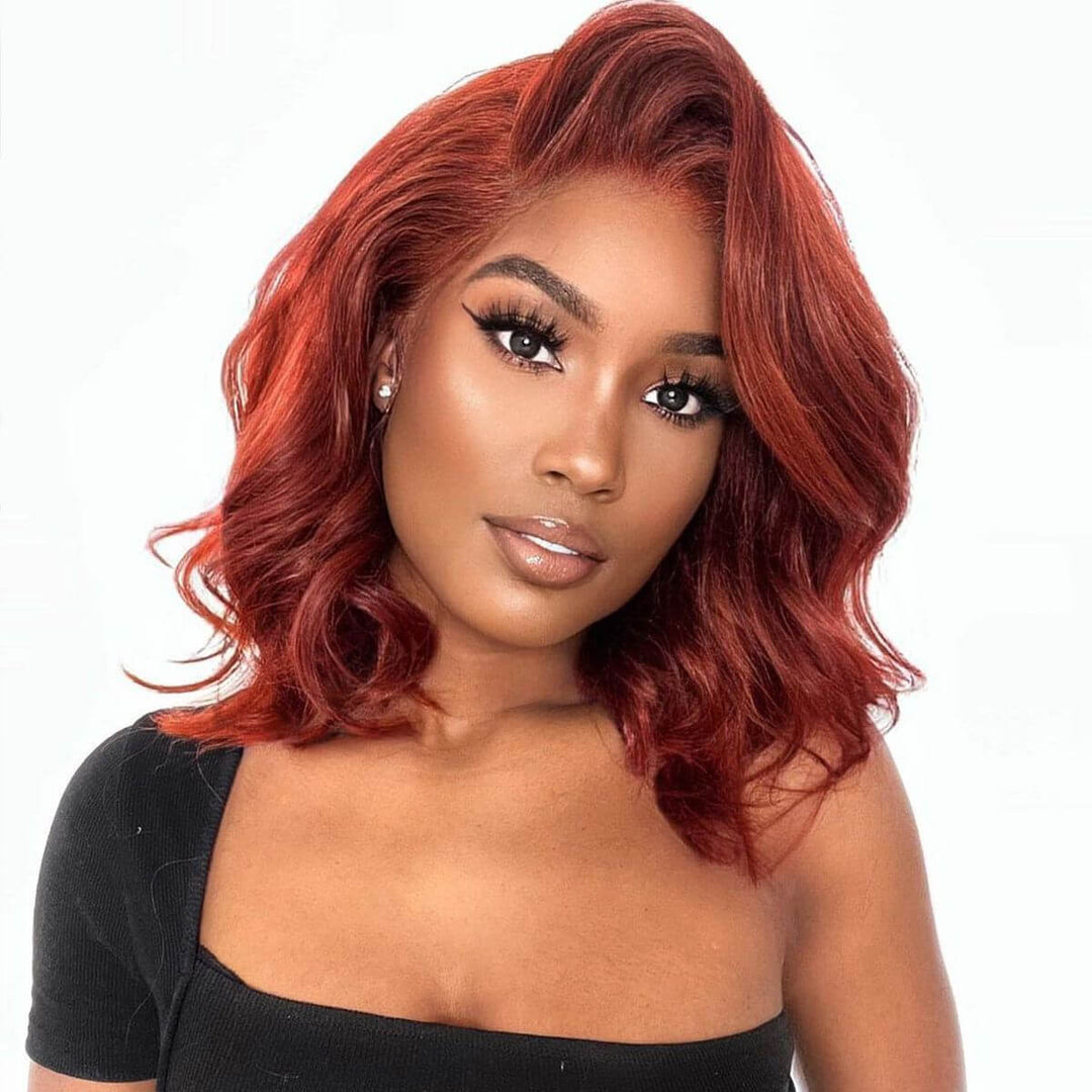 Glueless Reddish Brown Body Wave HD Lace Bob Wig Auburn Body Wave Invisible Lace Human Hair Bob Wigs Daisy Hair