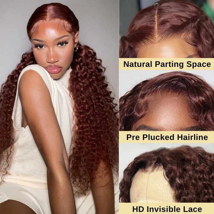 Reddish Brown Jerry Curly 13x4 HD Lace Front Wig Auburn Transparent Lace Human Hair Wigs Daisy Hair