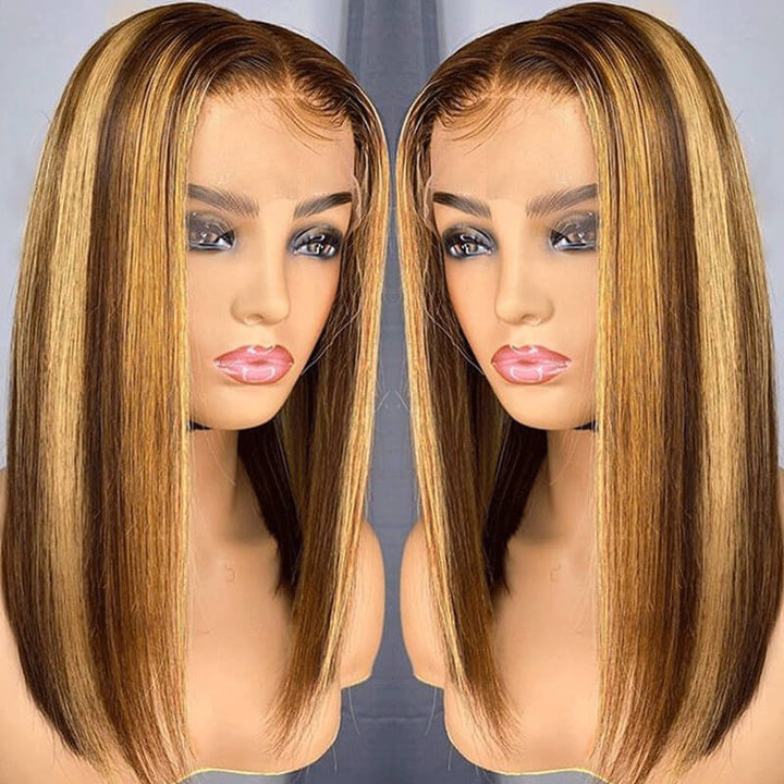Straight Hair Honey Blonde Highlight Bob Human Hair Wigs HD Lace 13x4/4x4 Frontal/Closure Ombre Glueless Wigs-Daisy Hair
