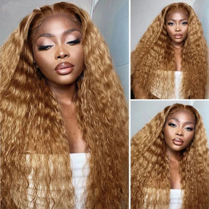 Honey Blonde Water Wave 13x4/4x4 HD Lace Frontal Wig Golden Brown Transparent Lace Human Hair Wigs Daisy Hair