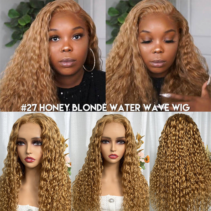 Honey Blonde Water Wave 13x4/4x4 HD Lace Frontal Wig Golden Brown Transparent Lace Human Hair Wigs Daisy Hair