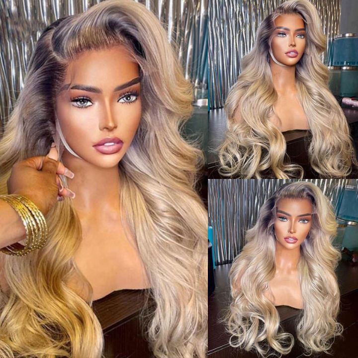 Highlight Ash Blonde Body Wave Lace Front Wig #613 Color Human Hair Wigs With Dark Roots-Daisy Hair