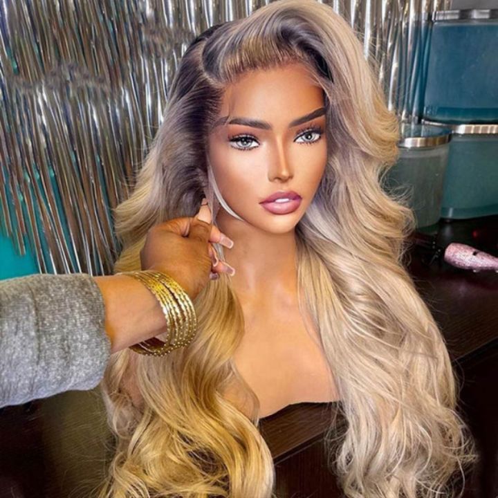 Highlight Ash Blonde Body Wave Lace Front Wig #613 Color Human Hair Wigs With Dark Roots-Daisy Hair