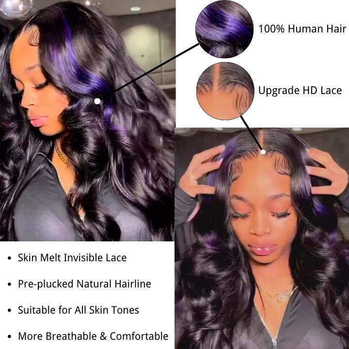 Highlight Black with Purple Body Wave Transparent Lace Front Wig Highlights Colored Glueless Human Hair Wigs For Women-Daisy Hair