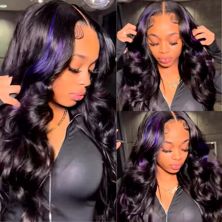 Highlight Black with Purple Body Wave Transparent Lace Front Wig Highlights Colored Glueless Human Hair Wigs For Women-Daisy Hair