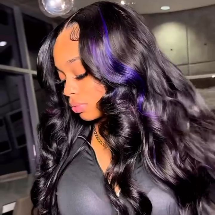 Highlight Black with Purple Body Wave Transparent Lace Front Wig Highlights Colored Glueless Human Hair Wigs For Women-Daisy Hair