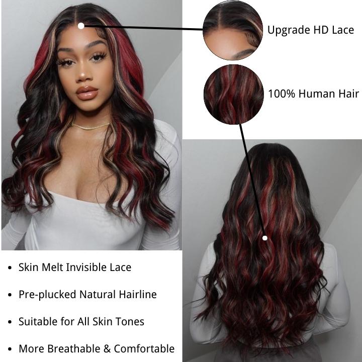 Highlight Black with Red & Blonde Straight/Body Wave 13x4 Lace Front Wig With Multi Color Highlights Loose Wave Human Hair Wigs- Daisy Hair