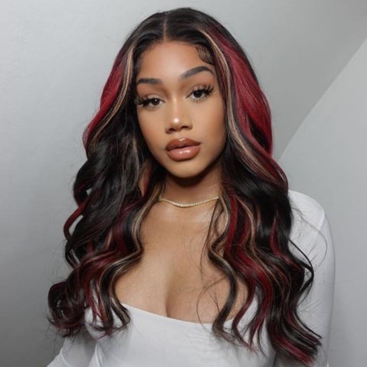 Highlight Black with Red & Blonde Straight/Body Wave 13x4 Lace Front Wig With Multi Color Highlights Loose Wave Human Hair Wigs- Daisy Hair