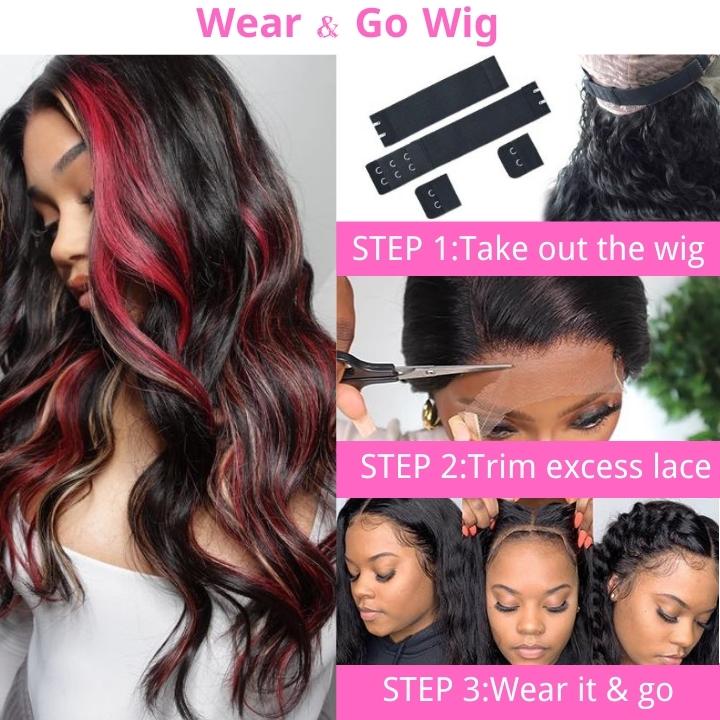 Highlight Black with Red & Blonde Straight/Body Wave 13x4 Lace Front Wig With Multi Color Highlights Loose Wave Human Hair Wigs- Daisy Hair