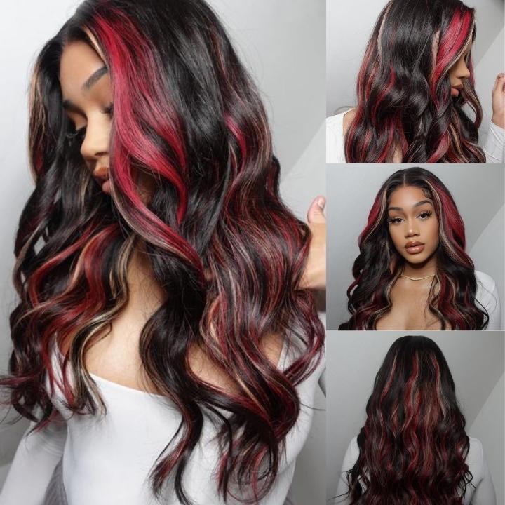 Highlight Black with Red & Blonde Straight/Body Wave 13x4 Lace Front Wig With Multi Color Highlights Loose Wave Human Hair Wigs- Daisy Hair