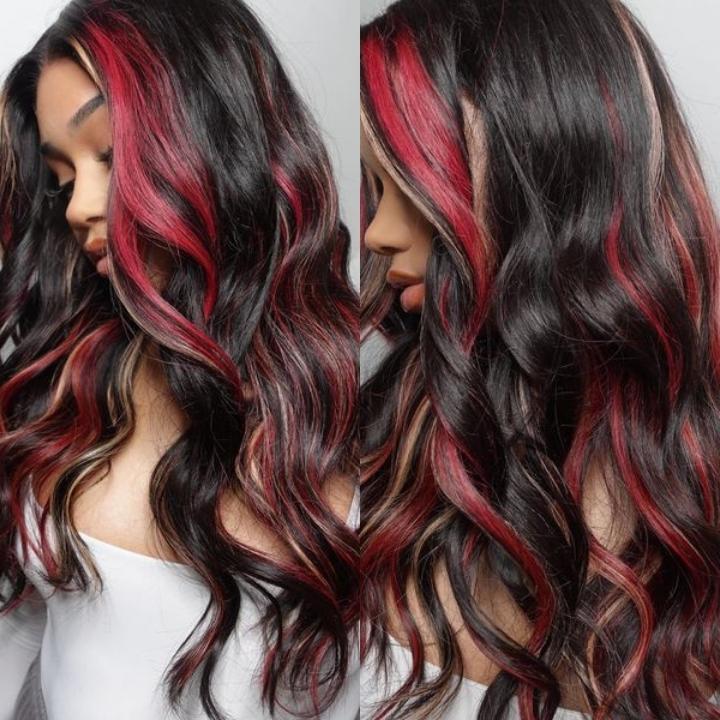Highlight Black with Red & Blonde Straight/Body Wave 13x4 Lace Front Wig With Multi Color Highlights Loose Wave Human Hair Wigs- Daisy Hair