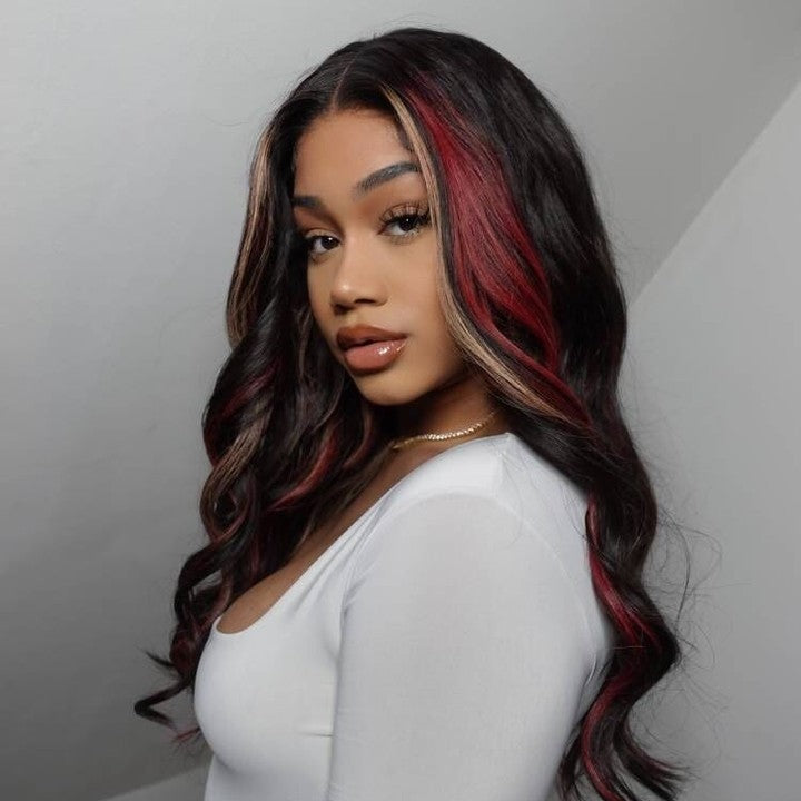 Highlight Black with Red & Blonde Straight/Body Wave 13x4 Lace Front Wig With Multi Color Highlights Loose Wave Human Hair Wigs- Daisy Hair