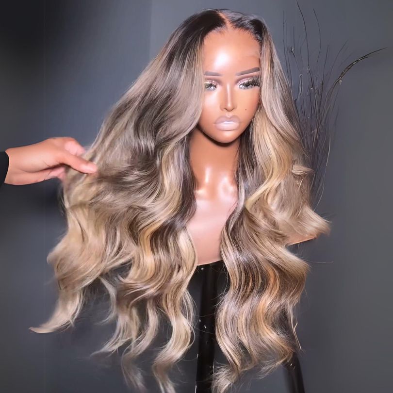 Highlight Blonde With Black Root Colored Wig 13X4 Lace Front Wig Human Hair Transparent Wig Pre Plucked Daisy Hair