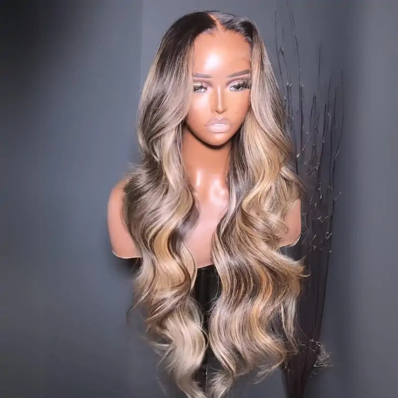 Highlight Blonde With Black Root Colored Wig 13X4 Lace Front Wig Human Hair Transparent Wig Pre Plucked Daisy Hair