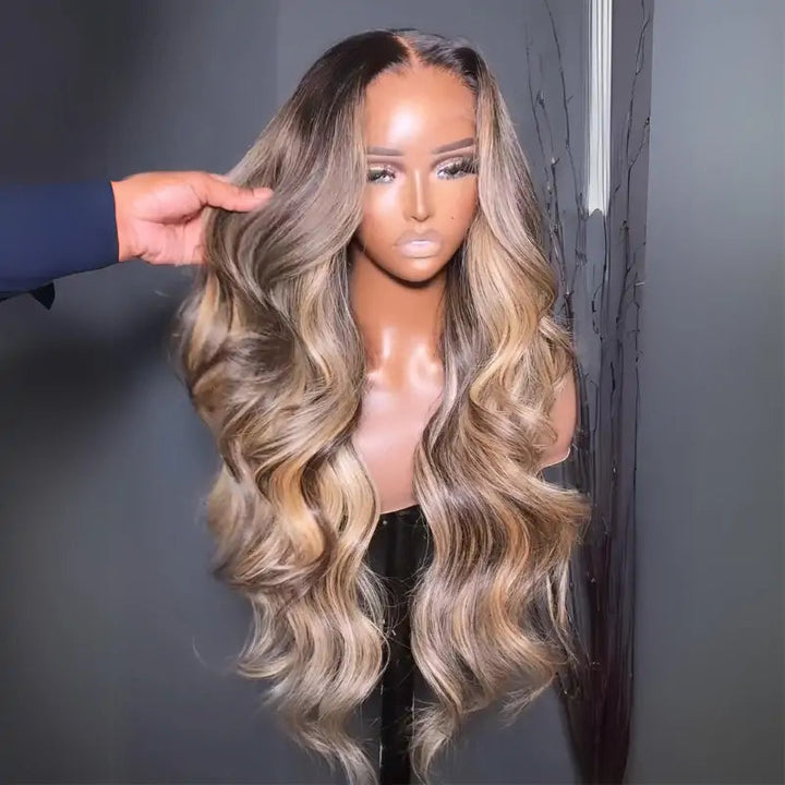 Highlight Blonde With Black Root Colored Wig 13X4 Lace Front Wig Human Hair Transparent Wig Pre Plucked Daisy Hair