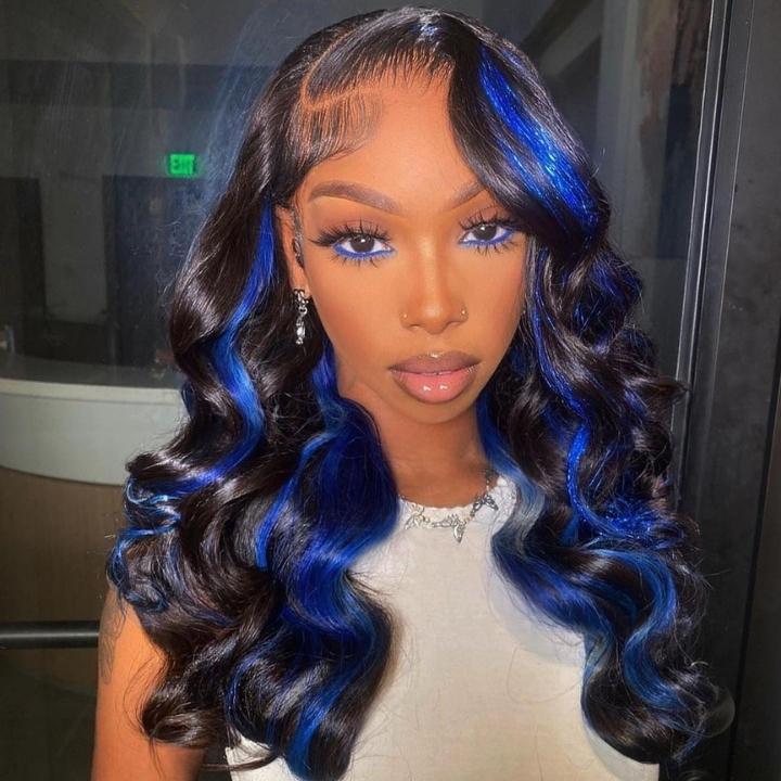 Funky Colored Wigs | Highlight Blue Body Wave Transparent Lace Front Color Wigs Glueless Human Hair Wigs For Women- Daisy Hair