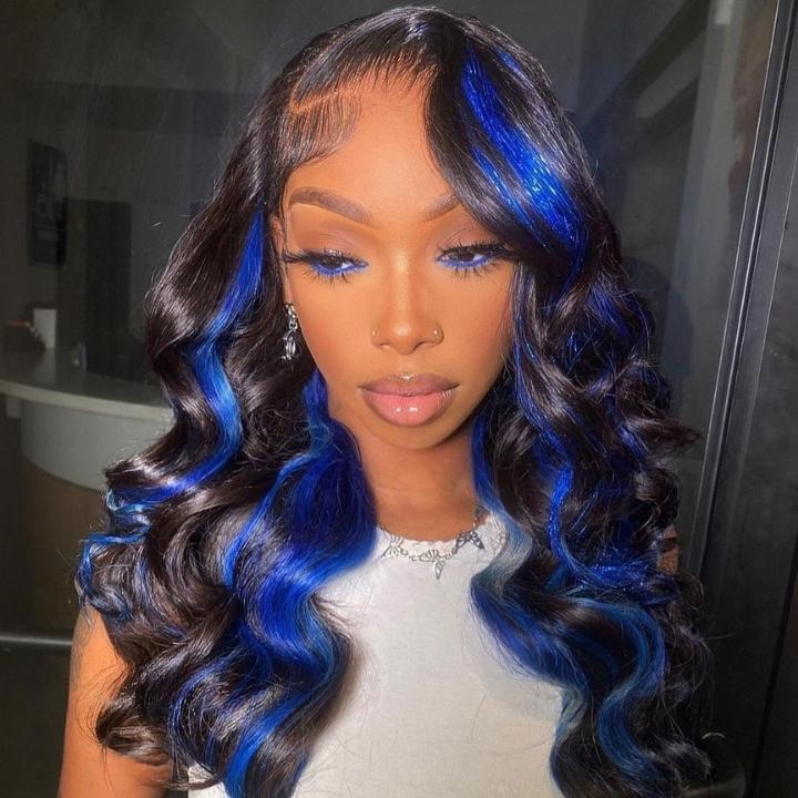 Funky Colored Wigs | Highlight Blue Body Wave Transparent Lace Front Color Wigs Glueless Human Hair Wigs For Women- Daisy Hair