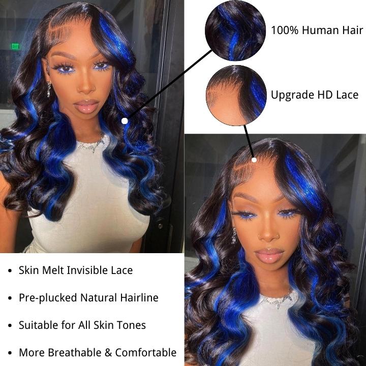 Funky Colored Wigs | Highlight Blue Body Wave Transparent Lace Front Color Wigs Glueless Human Hair Wigs For Women- Daisy Hair