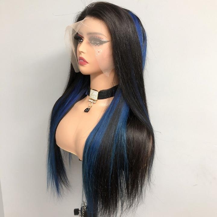 Funky Colored Wigs | Highlight Gemstone Blue Straight HD Transparent Lace Front Wig Natural look Beginner Friendly Glueless Human Hair Wigs - Daisy Hair