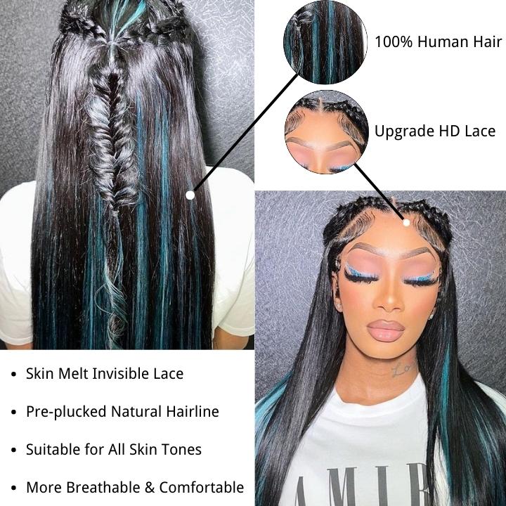 Funky Colored Wigs | Highlight Bluish Green Straight HD Transparent Lace Wig Moeny Piece Colored Natural Hairline Human Hair Wigs- Daisy Hair