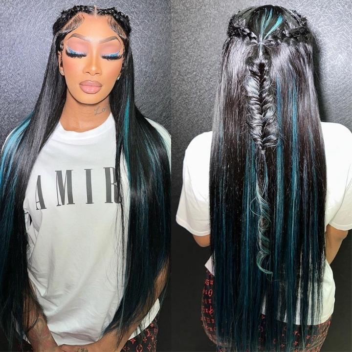 Funky Colored Wigs | Highlight Bluish Green Straight HD Transparent Lace Wig Moeny Piece Colored Natural Hairline Human Hair Wigs- Daisy Hair