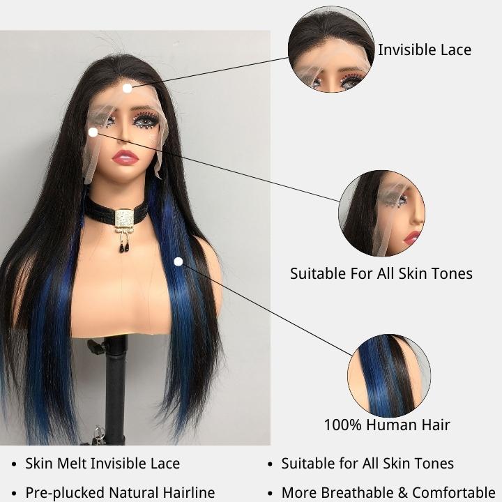 Funky Colored Wigs | Highlight Gemstone Blue Straight HD Transparent Lace Front Wig Natural look Beginner Friendly Glueless Human Hair Wigs - Daisy Hair