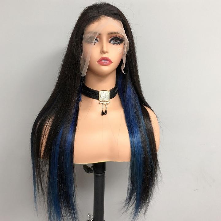 Funky Colored Wigs | Highlight Gemstone Blue Straight HD Transparent Lace Front Wig Natural look Beginner Friendly Glueless Human Hair Wigs - Daisy Hair