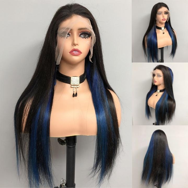 Funky Colored Wigs | Highlight Gemstone Blue Straight HD Transparent Lace Front Wig Natural look Beginner Friendly Glueless Human Hair Wigs - Daisy Hair