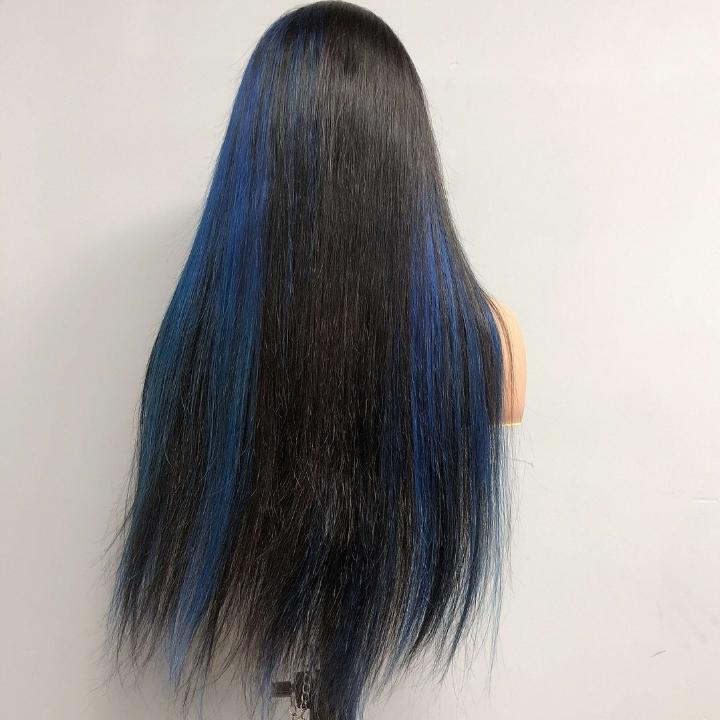 Funky Colored Wigs | Highlight Gemstone Blue Straight HD Transparent Lace Front Wig Natural look Beginner Friendly Glueless Human Hair Wigs - Daisy Hair
