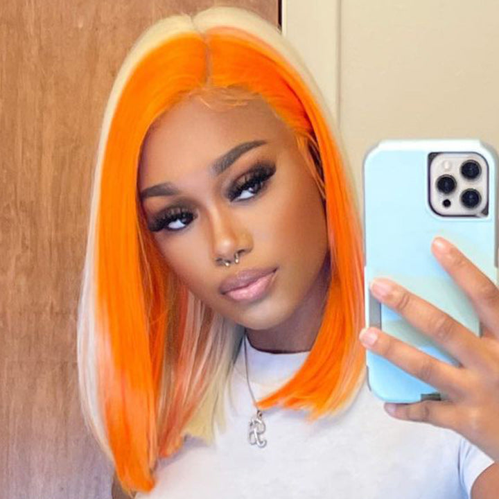 Skunk Stripe Hair Straight Lace Front Bob Wig With Orange Highlight HD Transparent Lace Human Hair Bob Wigs Daisy Hair