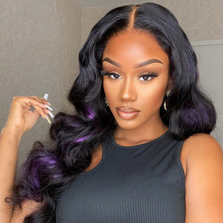 Skunk Stripe Hair Body Wave Lace Front Wig With Purple Highlight HD Transparent Lace Human Hair Wigs Daisy Hair