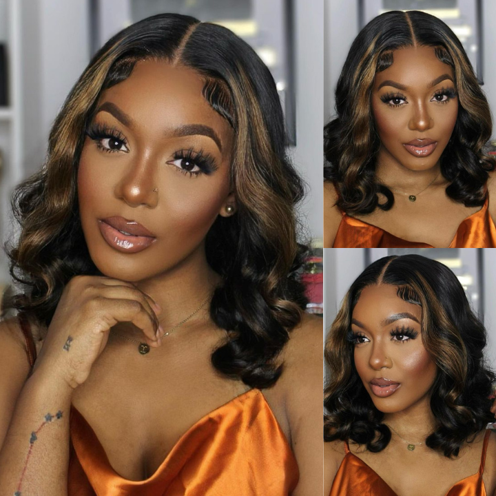 Highlight Honey Blonde Body Wavy 13x4 Lace Front Short Bob Wig Glueless Human Hair Wig- Daisy Hair