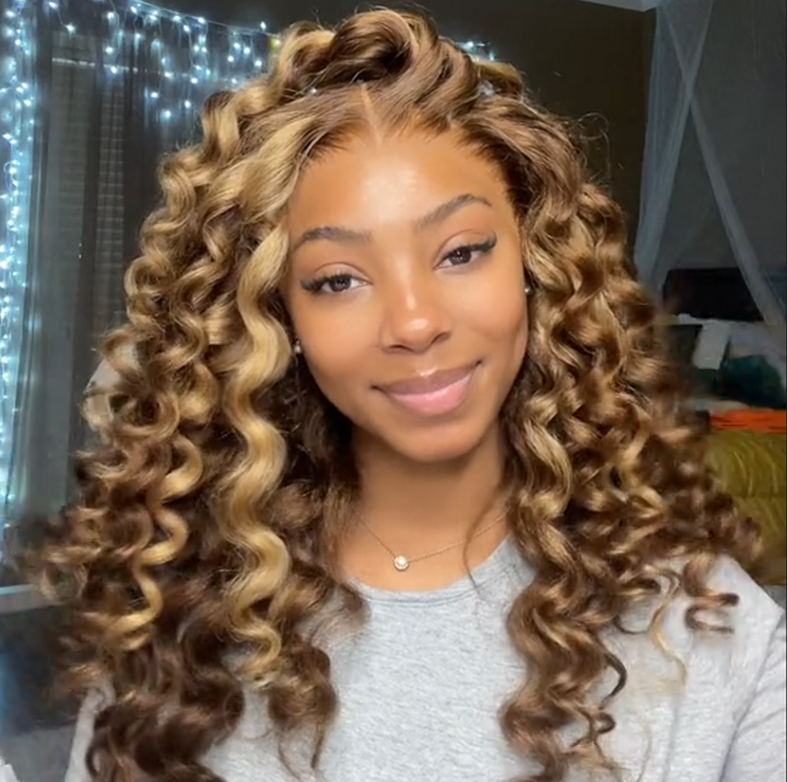 Highlight Honey Blonde Wand Curl Hair 13x4 Lace Front Wig Bouncy Loose Curly Transparent Lace Human Hair wigs - Daisy Hair