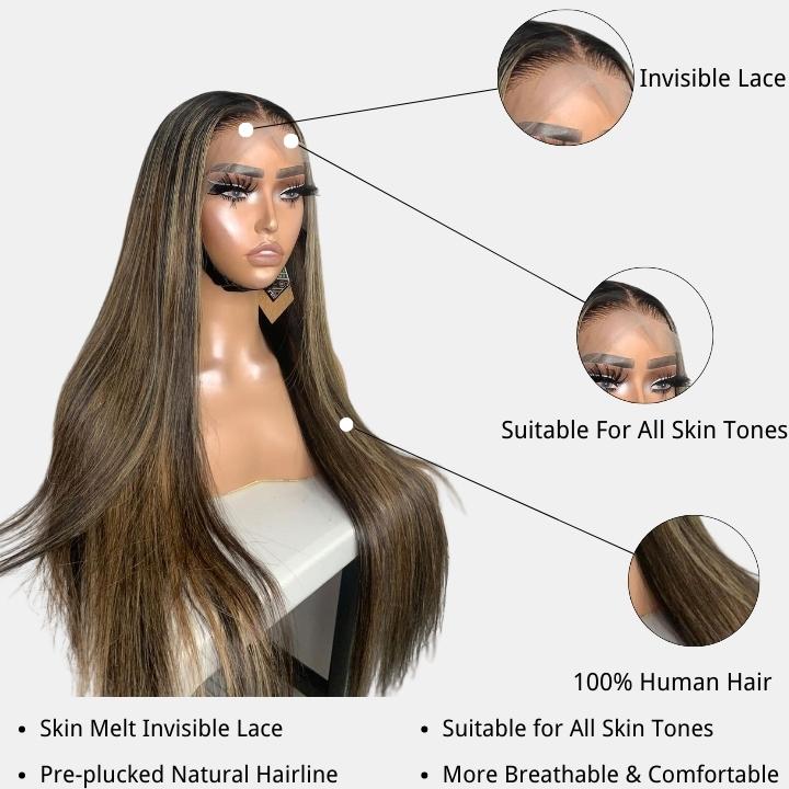 Glueless Highlight Blonde Straight/Body Wave Transparent 5x5 Lace Part Wig Brown Highlights Human Hair Wave Wigs-Daisy Hair