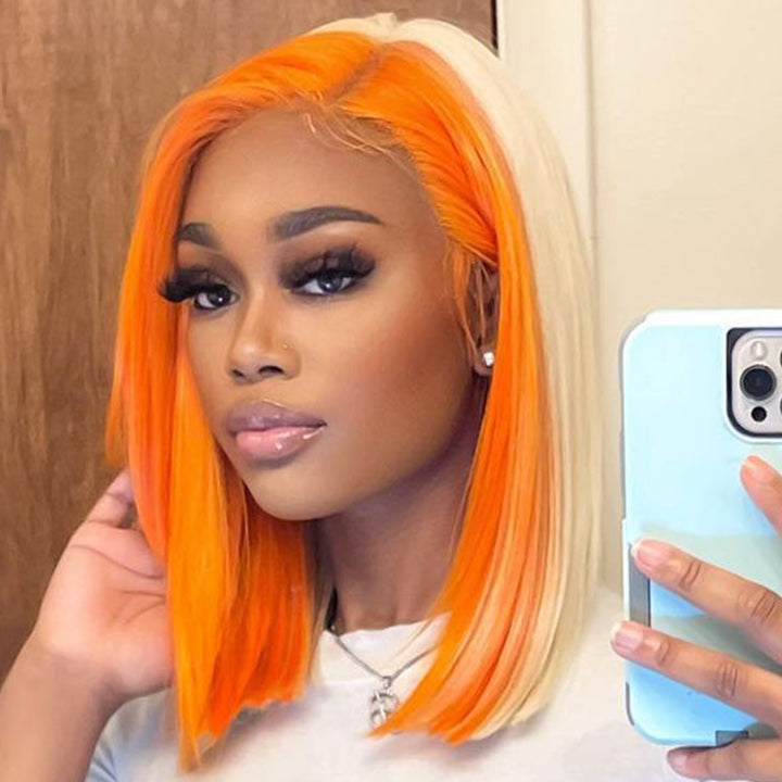 Skunk Stripe Hair Straight Lace Front Bob Wig With Orange Highlight HD Transparent Lace Human Hair Bob Wigs Daisy Hair