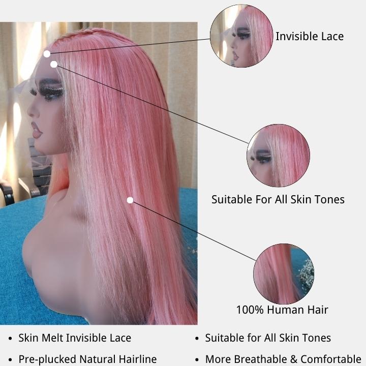 Funky Colored Wigs | Highlight Pink With 613 Blonde Transparent Lace Front Wig Straight Highlights Trendy Color Human Hair Wigs- Daisy Hair