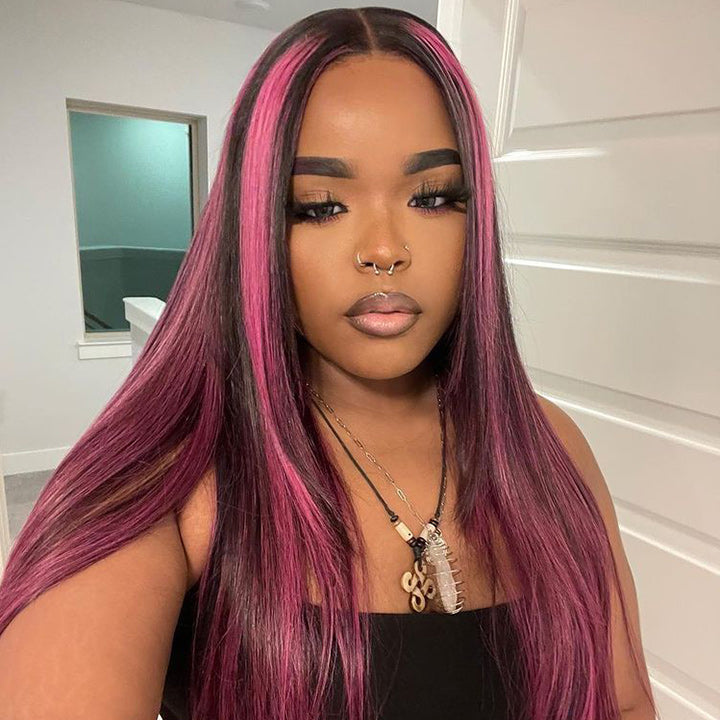 Highlight Purple Straight HD Transparent Lace Front Wig Highlights Pre Plucked Hairline Human Hair Wigs Daisy Hair