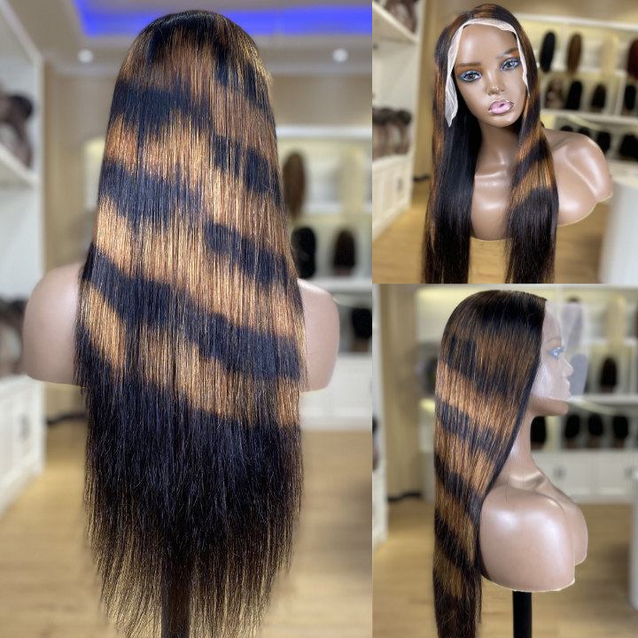 Highlight Twill Zebra Brown Long Straight Hair Glueless 4x4/13x4 HD Lace Front Human Hair Wigs- Daisy Hair