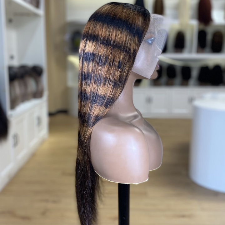 Highlight Zebra Brown Horizontal Stripe Long Straight Hair Glueless 4x4/13x4 HD Lace Front Human Hair Wigs- Daisy Hair