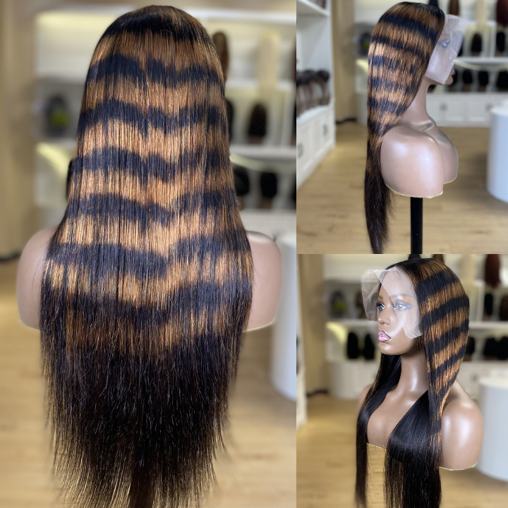 Highlight Zebra Brown Horizontal Stripe Long Straight Hair Glueless 4x4/13x4 HD Lace Front Human Hair Wigs- Daisy Hair